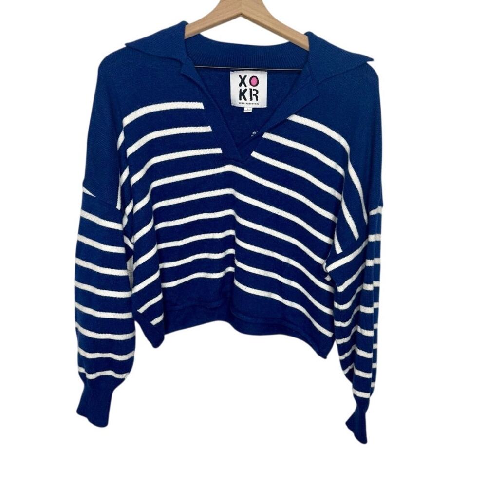 KERRI ROSENTHAL XOKR Women's L Striped Radiant Heart Blue Heart Polo Sweater